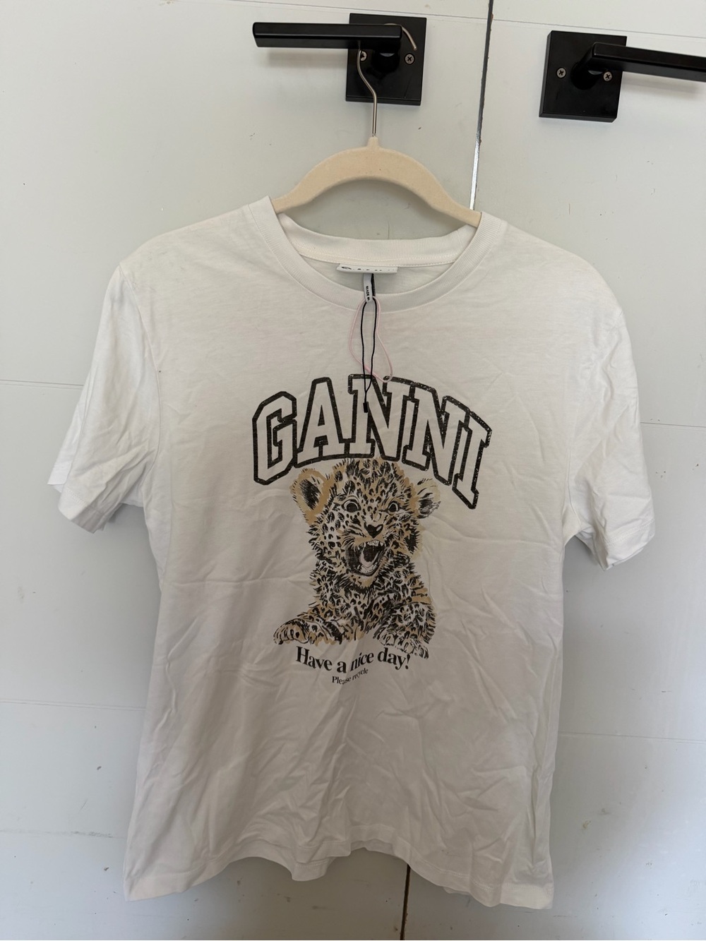 GANNI White Graphic Leopard T-Shirt - Have a Nice Day
